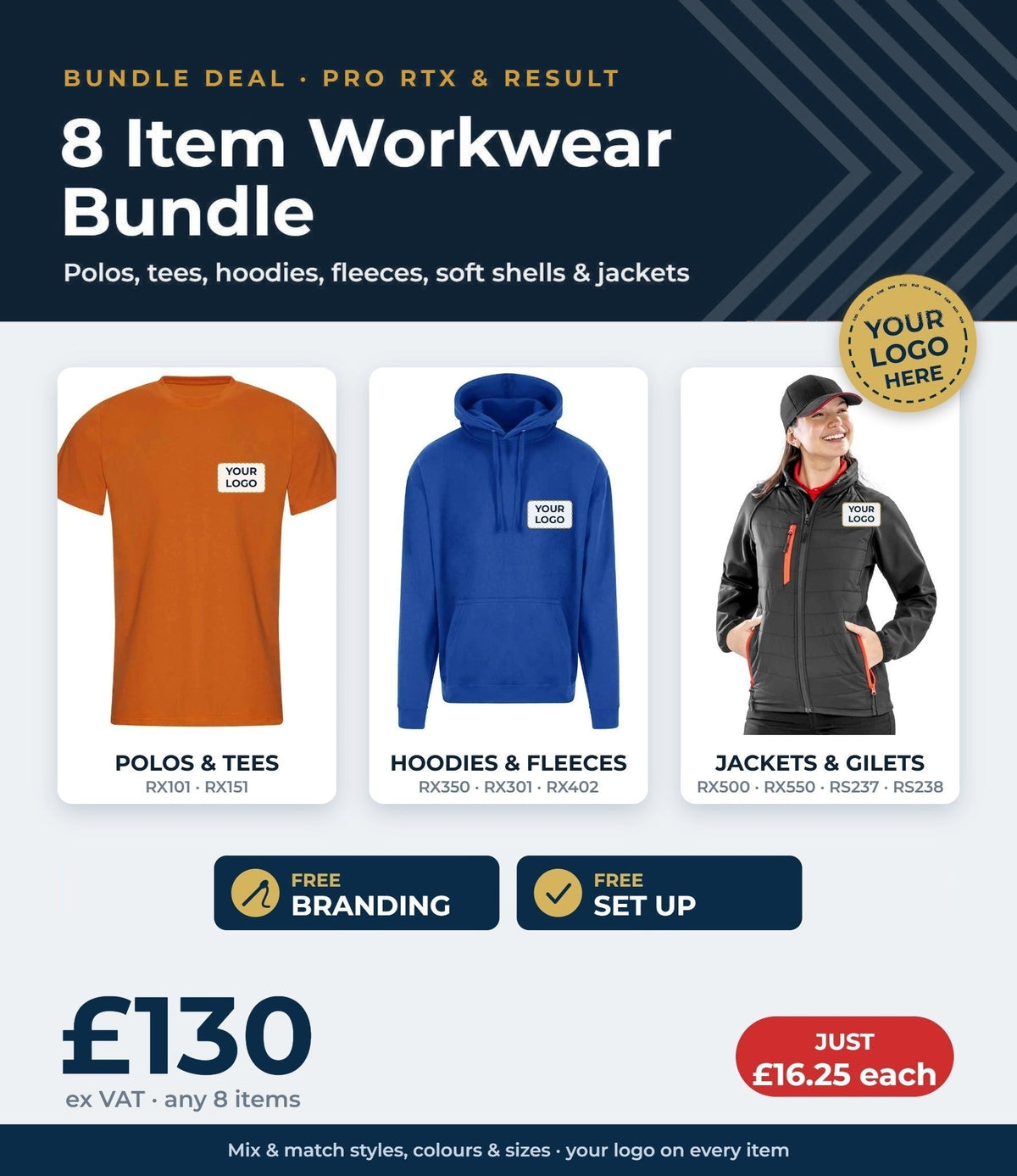 8 item workwear bundle £130 ex VAT - free branding, set up and delivery