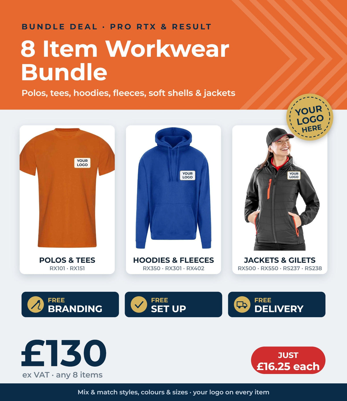 8 item workwear bundle £130 ex VAT - free branding, set up and delivery
