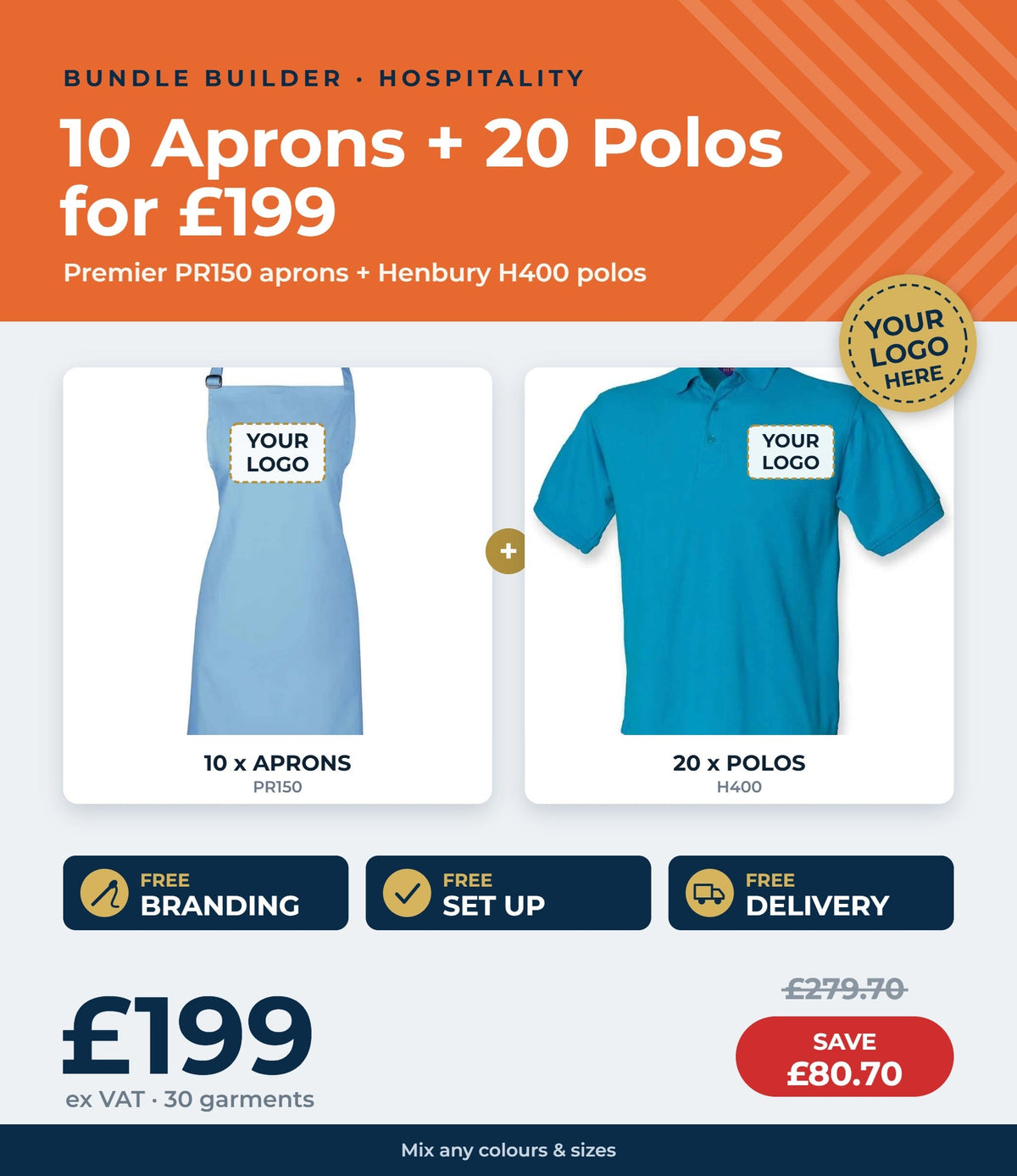 10 aprons + 20 polos for £199 ex VAT