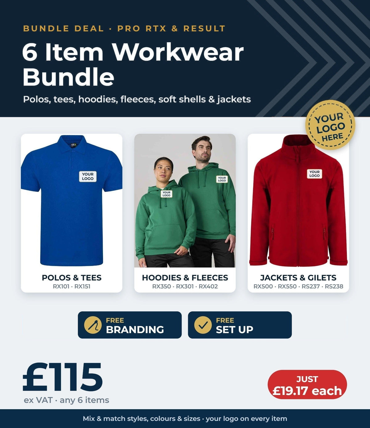 6 item workwear bundle £115 ex VAT - free branding, set up and delivery
