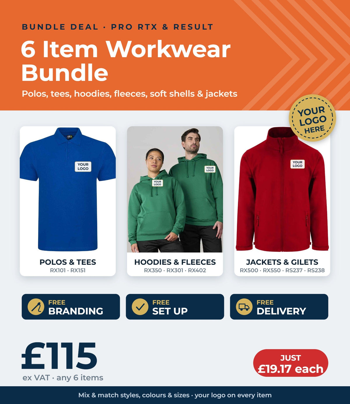 6 item workwear bundle £115 ex VAT - free branding, set up and delivery