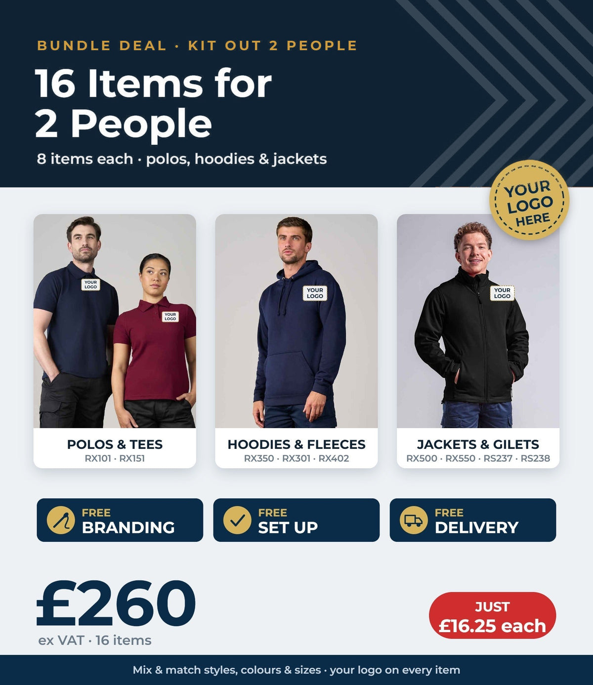 16 item workwear bundle for 2 people £260 ex VAT - free branding, set up and delivery