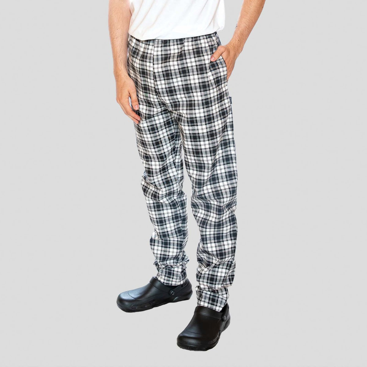 Dennys Unisex Printed Chefs Trousers - Tartan Black White / 2XL