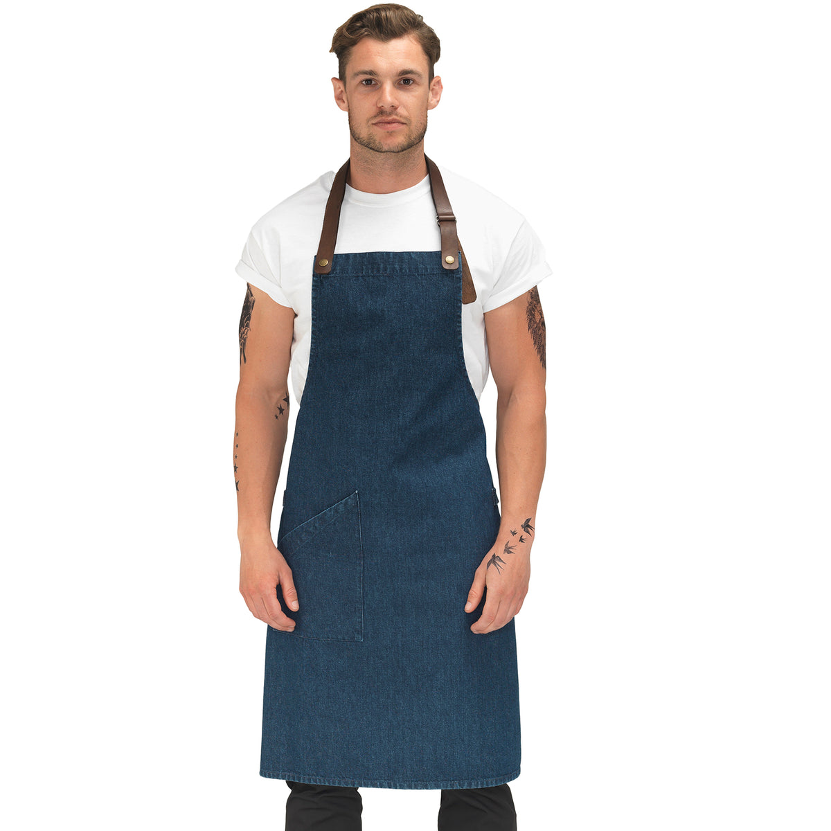 Le Chef Artisan Denim Bib Apron with Leather Halter - Indigo