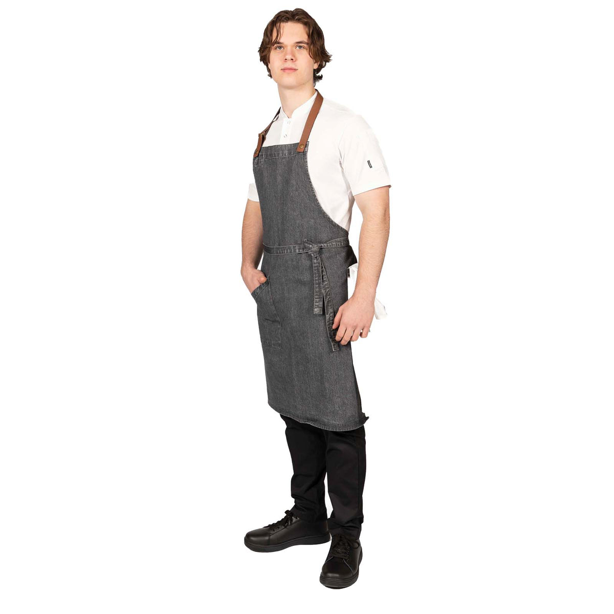Le Chef Artisan Denim Bib Apron with Leather Halter - Black/Grey