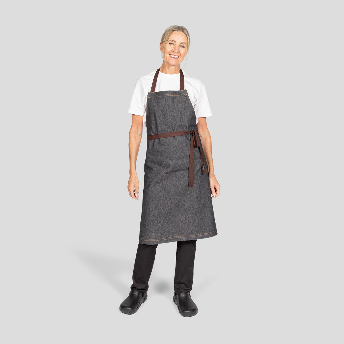 Dennys Denim Bib Apron with Yellow Stitching - Black/Grey