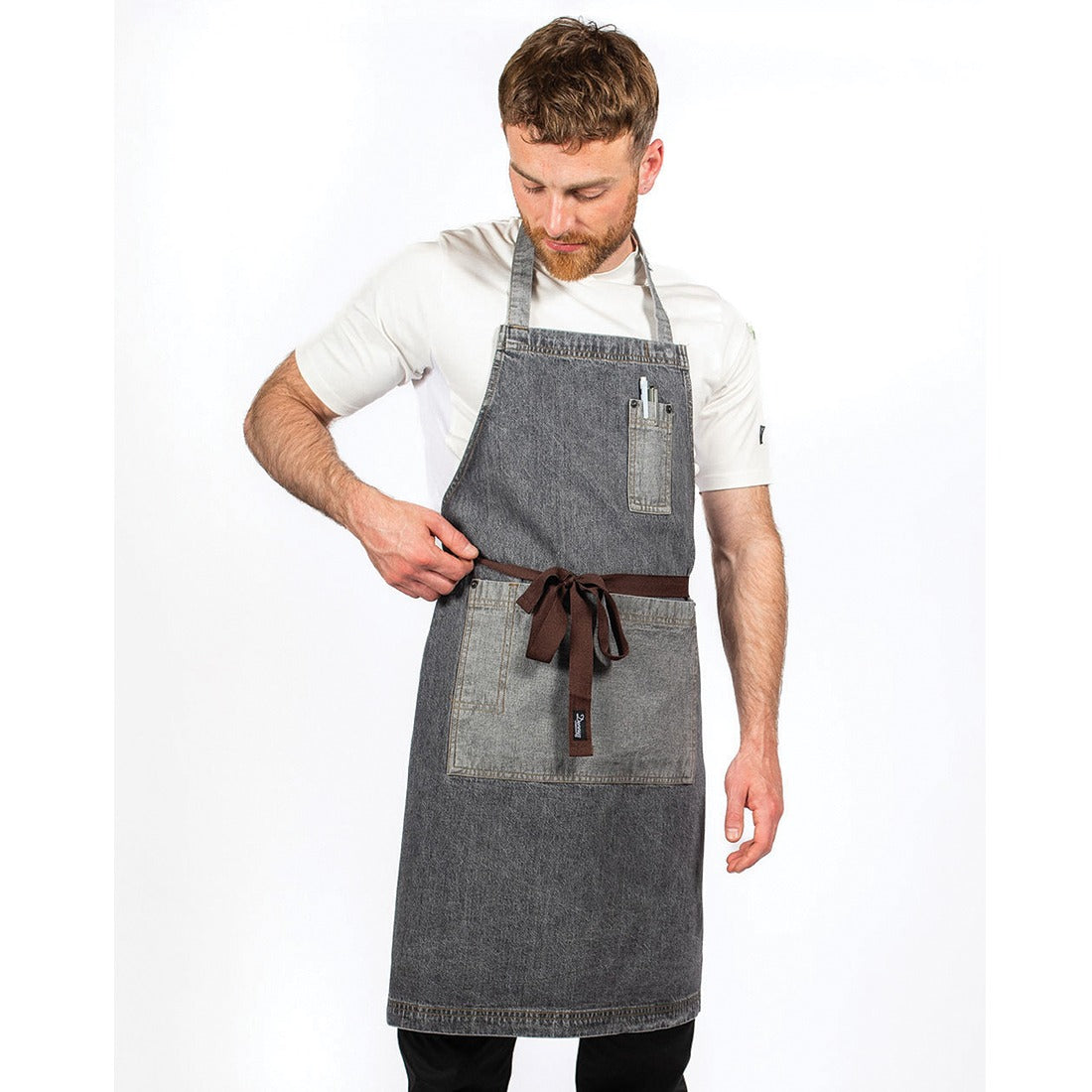 Dennys Denim Bib Apron with Contrasting Pocket - Black/Grey