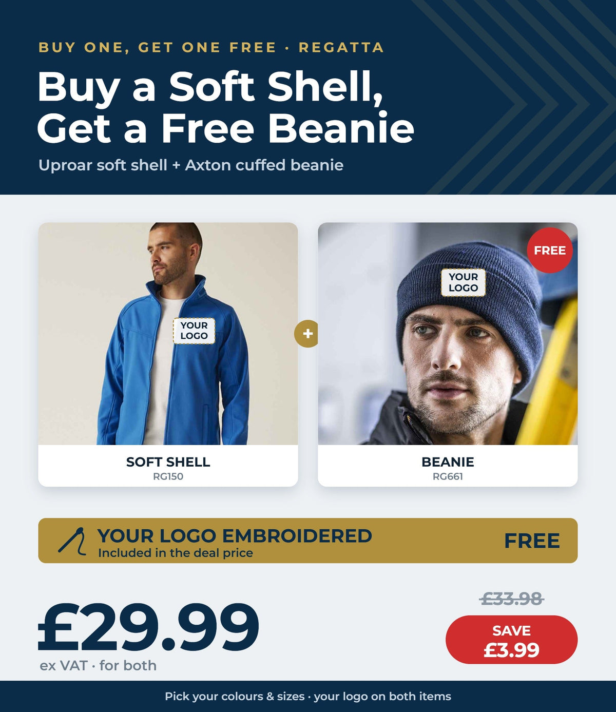 Regatta soft shell with free beanie for £29.99 ex VAT, your logo embroidered free