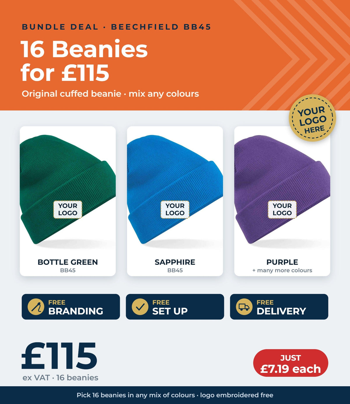16 Beechfield beanies £115 ex VAT - free branding, set up and delivery