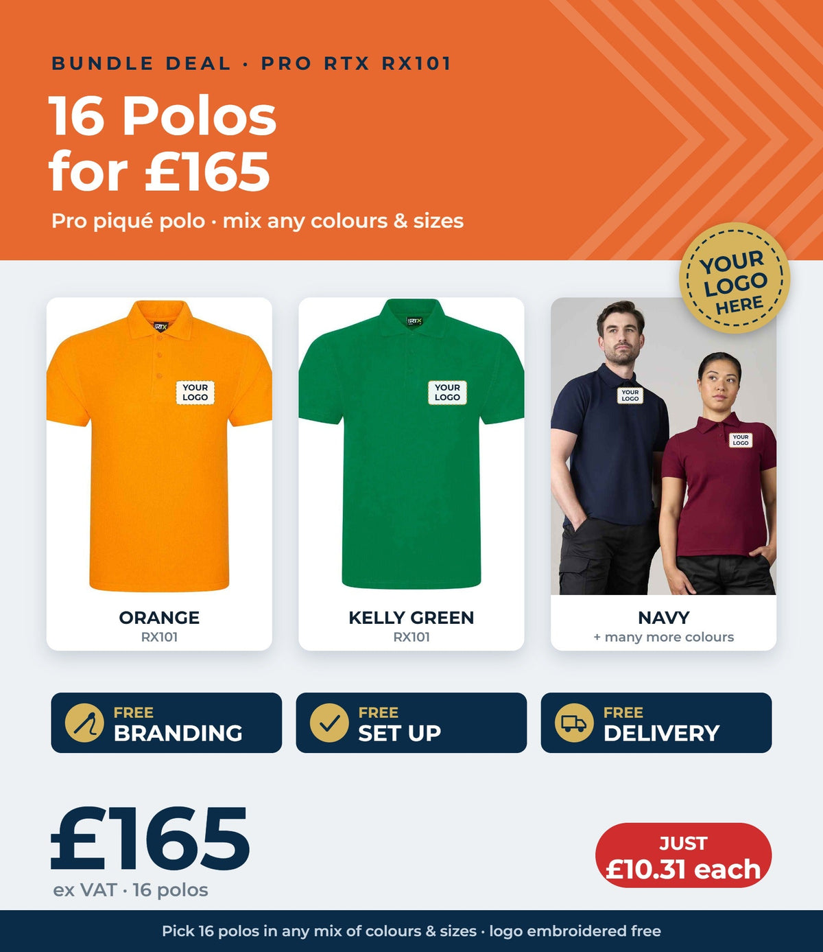 16 Pro RTX RX101 polos £165 ex VAT - free branding, set up and delivery