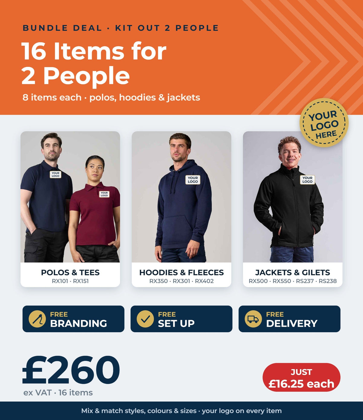 16 item workwear bundle for 2 people £260 ex VAT - free branding, set up and delivery