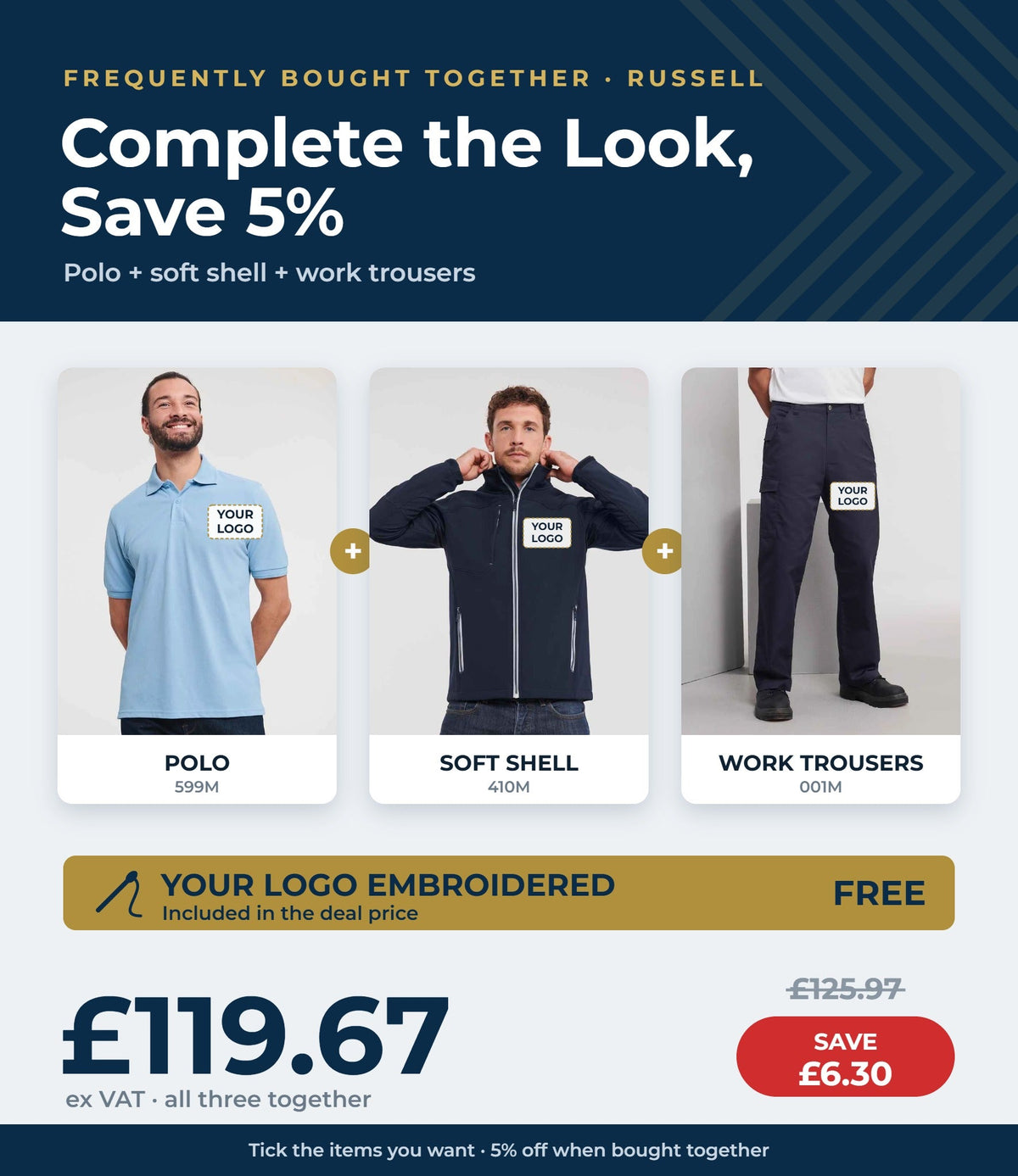 Russell polo, soft shell and work trousers - save 5% bought together