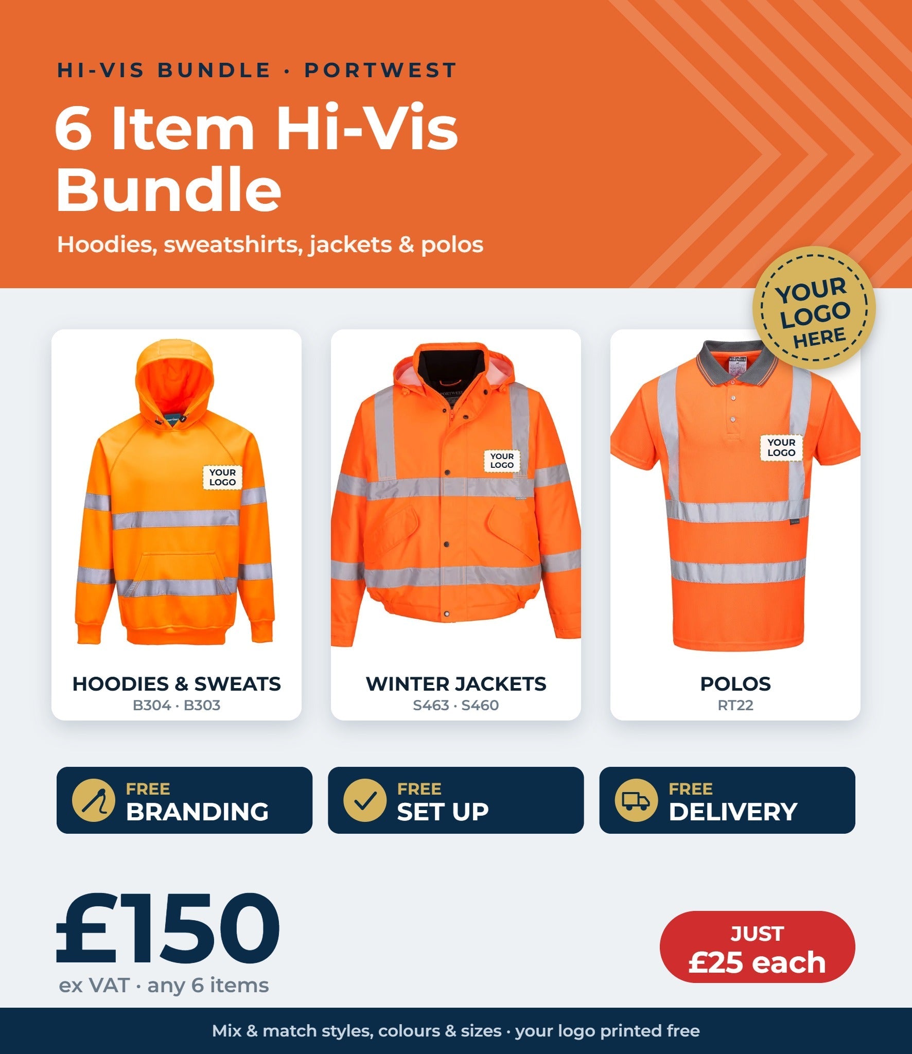 6 item Portwest hi-vis bundle £150 ex VAT - free branding, set up and delivery