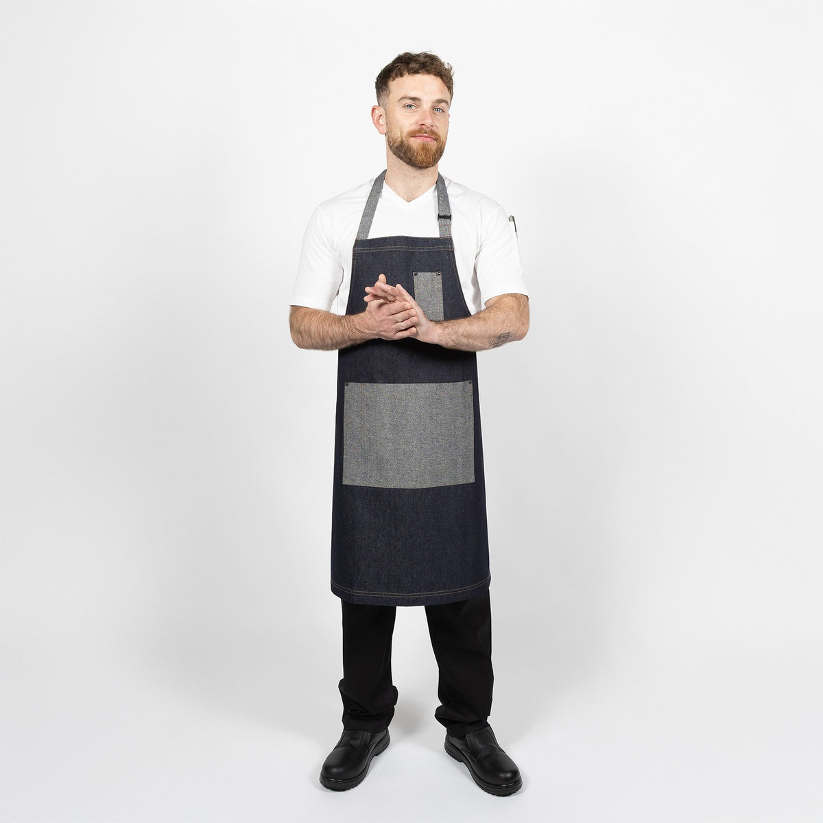 Dennys Denim Bib Apron with Contrasting Pocket - Dark Blue