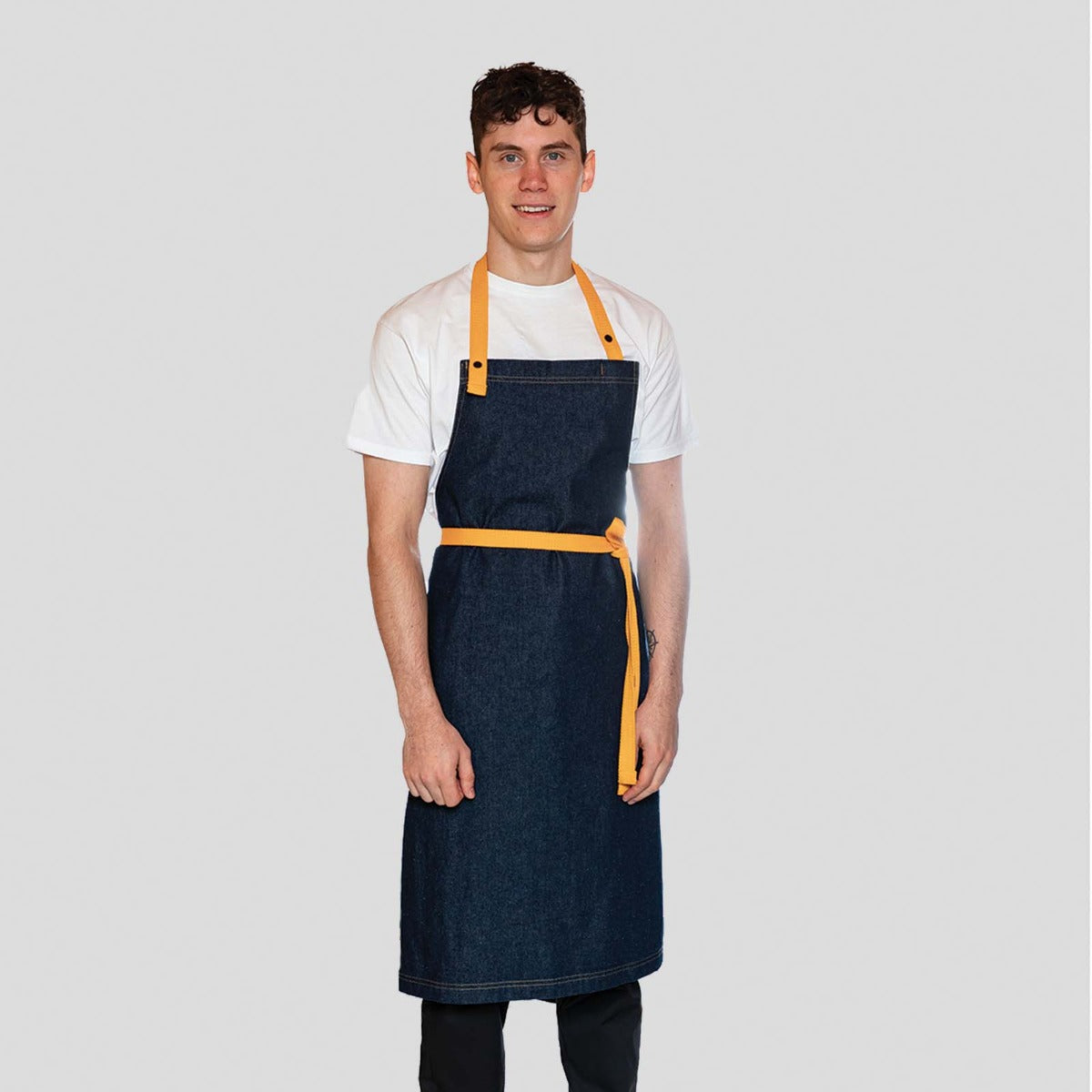 Unwashed Denim Bib Apron with Contrast Ties - Orange