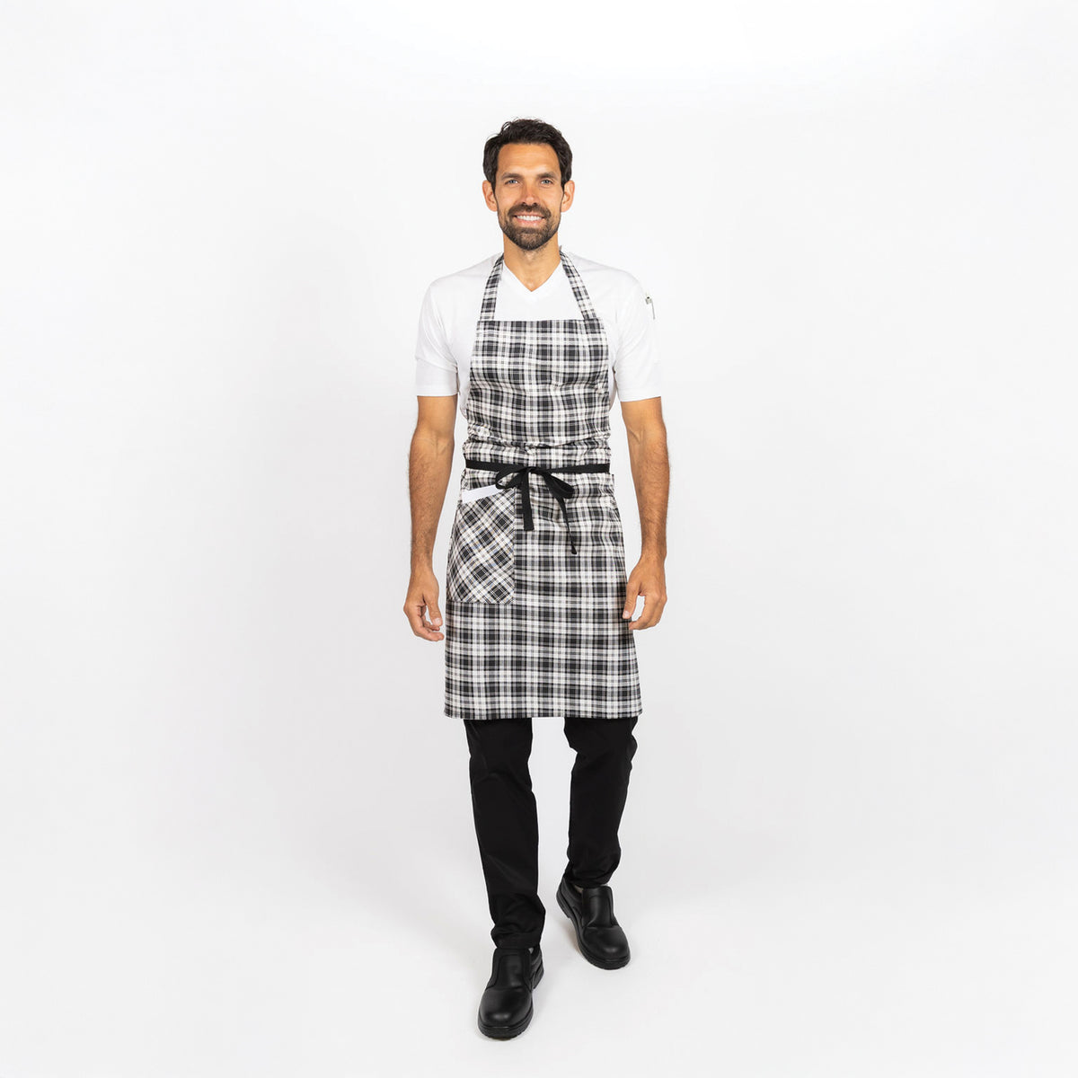 Dennys Printed Bib Apron - Tartan Black White