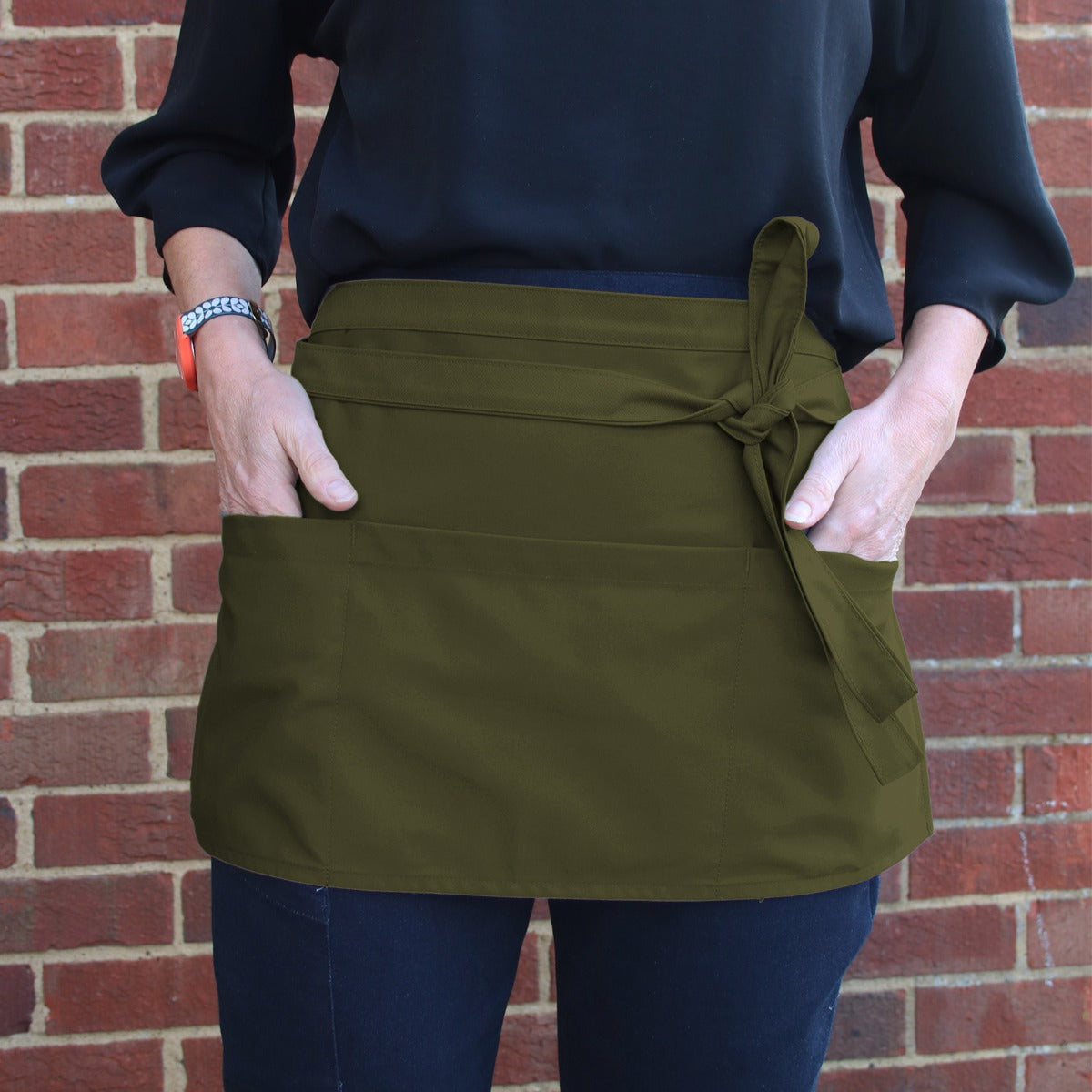 Dennys Money Pocket Aprons With Self Material Ties - Olive